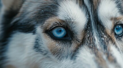 Captivating close-up: mesmerizing blue eyes of a majestic husky dog, animal portrait photography, detailed canine gaze, beautiful pet, nature background, pet lover's delight, high-quality stock image