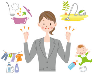 仕事と家事を両立する女性のイラスト　忙しい、共働き、子育て、家事、育児 © M