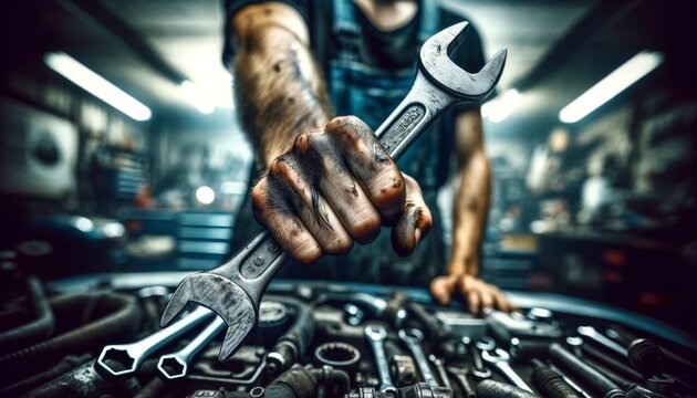 A close-up shot focusing on the rough, grease-stained hands of a mechanic who is holding a metallic wrench.