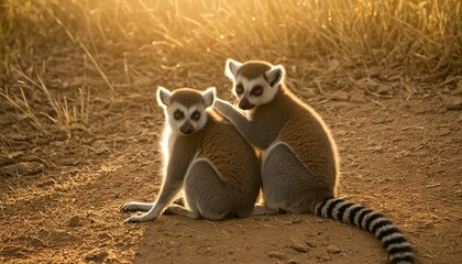 Naklejka premium Playful Ring-Tailed Lemurs Greeting the Day: A Captivating Wildlife Scene