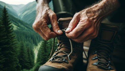 A close-up of weathered hands tying the laces of hiking boots, with a blurred forest background suggesting an adventure in nature. - Powered by Adobe