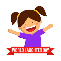 Vector illustration of girl with World Laughter Day ribbon banner on transparent background