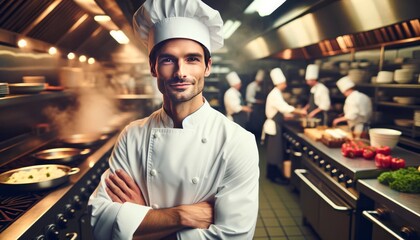 A portrait of a chef in a professional kitchen, wearing a white uniform with a confident, proud look.