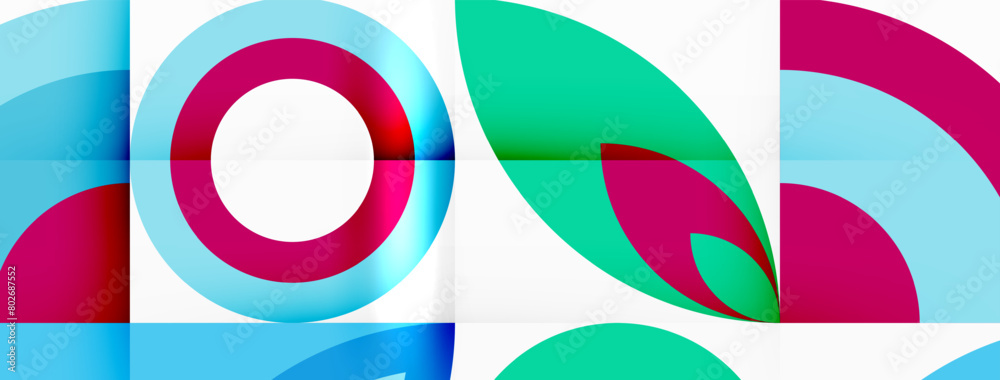Poster a vibrant art piece featuring colorful geometric shapes such as circles, triangles, and rectangles i