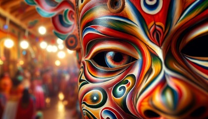 A close-up image showing a traditional painted mask used in cultural dances.