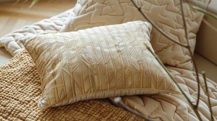 A set of home decor items such as pillows and rugs featuring intricate patterns of thin lines...