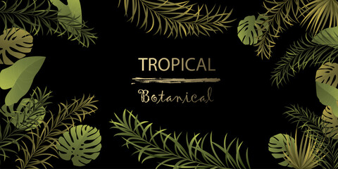 Vector horizontal banner with gold, silver and black tropical leaves on dark background. Luxury exotic botanical design for cosmetics, spa, perfume, health care products, wedding. Best as web banner