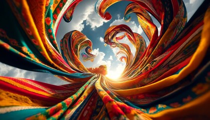 A close-up of a traditional dancer's swirling skirt in bright colors captured from a low angle, with the sky as the background.