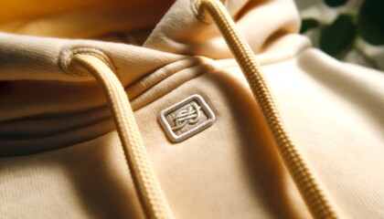 A zoomed-in image of a small embroidered logo on a pastel-colored hoodie, highlighting its stitching, color, and positioning on the fabric.