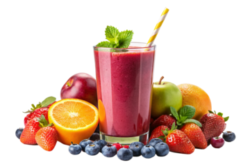 Isolated Glass of Smoothie: A glass of colorful smoothie isolated on a transparent background, garnished with fresh fruit and a straw, great for healthy eating illustrations and beverage menus.
