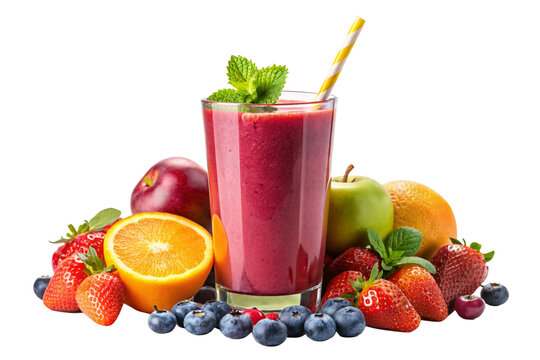 Isolated Glass of Smoothie: A glass of colorful smoothie isolated on a transparent background, garnished with fresh fruit and a straw, great for healthy eating illustrations and beverage menus.
