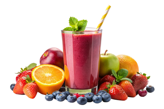 Isolated Glass of Smoothie: A glass of colorful smoothie isolated on a transparent background, garnished with fresh fruit and a straw, great for healthy eating illustrations and beverage menus.
