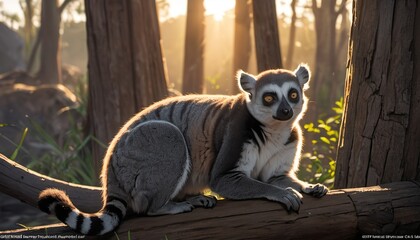 Naklejka premium Sun-Kissed Ring-Tailed Lemurs: A Serene Morning in Madagascar