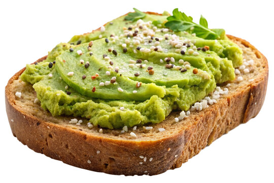 Isolated Slice of Bread with Avocado: A slice of bread with mashed avocado isolated on a transparent background, sprinkled with salt and pepper, ideal for breakfast menus and avocado toast