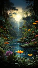 Dreamworld jungle, radiant flora, serene panorama