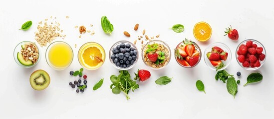 Healthy food concept with breakfast items including muesli, strawberry salad, fresh fruit, orange juice, and nuts laid out on a white background in a flat lay, top view style.