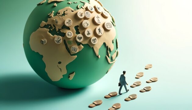 A miniature figure leaving footprints on a globe, with each step representing a different positive global initiative.