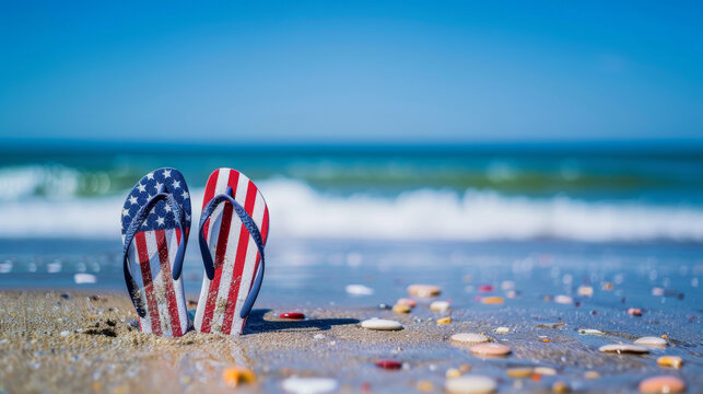 American flag flip flops on sandy beach with seashells