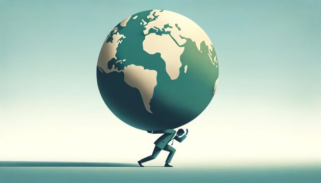 A figure carrying a globe on its shoulders, conveying the weight of managing global responsibilities.