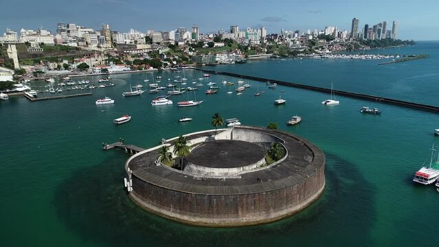 Aerial view of Forte de S&atilde;o Marcelo, built in 1608, Ba&iacute;a de Todos os Santos - Salvador, Bahia, Brazil
