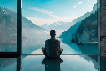 Man meditating in a modern room with a panoramic mountain and lake view