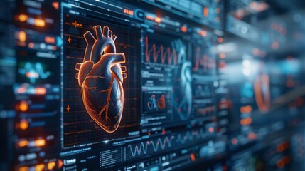 3D rendering image showing various screening tests and diagnostic procedures used to evaluate heart health, including echocardiography, stress tests, and cardiac catheterization
