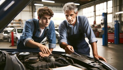 An experienced mechanic teaching a younger apprentice by pointing at a crucial part under the hood of a car in a well-lit, spacious garage.