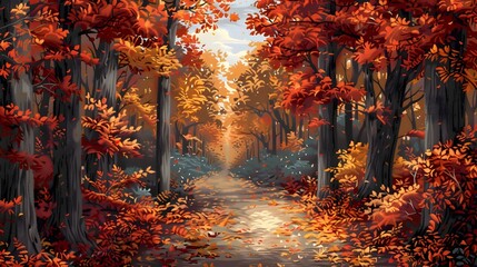 Fototapeta premium Captivating Autumn Forest Path with Vibrant Falling Leaves