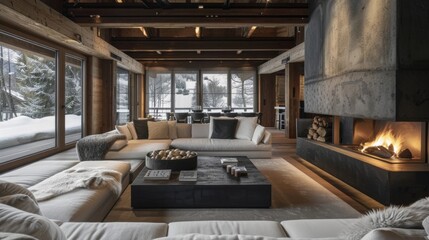 The sunken living room with its central fire exudes sophistication and elegance with a touch of rustic charm. 2d flat cartoon. - obrazy, fototapety, plakaty