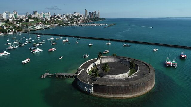 Aerial view of Forte de S&atilde;o Marcelo, built in 1608, Ba&iacute;a de Todos os Santos - Salvador, Bahia, Brazil