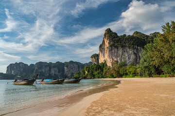 Tropical islands view with ocean blue sea water and white sand beach at Railay Beach, Krabi Thailand nature landscape