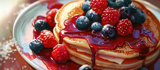 Fototapeta na wymiar Pancakes topped with berries and jam