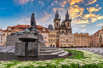 Prague Czech Republic, city skyline at Jan Hus monument statue Prague old town square, Czechia