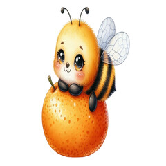 Obraz premium Cute little bee sitting on an orange clipart watercolor