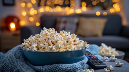 Home Entertainment A remote control and popcorn bowl, signaling relaxation and leisure time at home