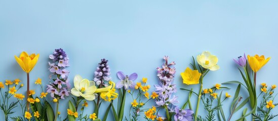 Arrangement of flowers in yellow and purple shades against a soft blue backdrop. Reflects a theme of spring and Easter, captured in a flat lay style with a top-down view and space for text.