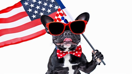 French Bulldog with American flag and sunglasses