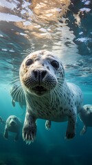 Fototapeta premium Arctic seals dive, icy depths exploration