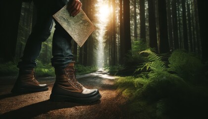 An image of a traveler's booted feet, one foot stepping forward on a dirt road within a dense forest.