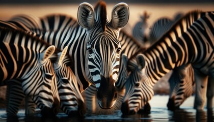 A herd of zebras at a waterhole with one zebra's striped face captured in detail, looking at the viewer.