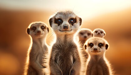 A family of meerkats standing alert, with one staring inquisitively into the lens.
