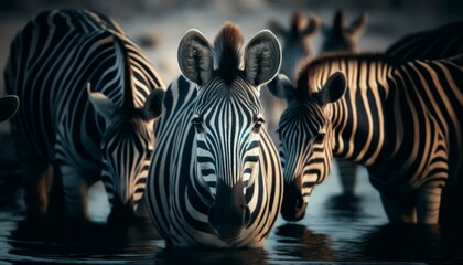 A herd of zebras at a waterhole with one zebra's striped face captured in detail, looking at the viewer.