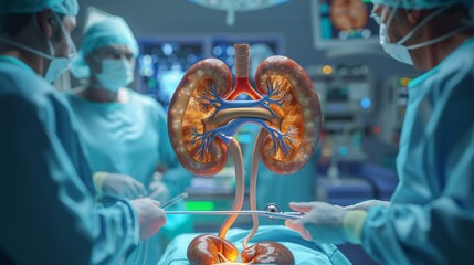3D rendering image illustrating the process of kidney transplantation, including donor selection, surgical procedure, and postoperative care - Powered by Adobe