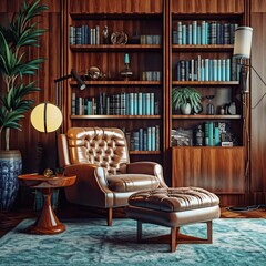 Interior of modern living room with brown armchair and bookshelf. Elegant Home Library