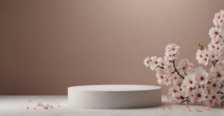 3D display podium beige background Pastel pink flower petals falling Nature minimal pedestal