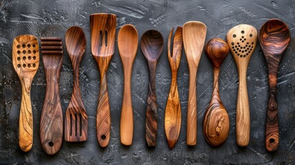 Kitchen Staples A set of wooden spoons and spatulas, essential for cooking and baking in any culinary endeavor