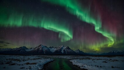 Naklejka premium A celestial phenomenon where the night sky is ablaze with dancing auroras visible from every corner of the world ai_generated