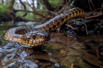 Obraz premium snake in the river close-up. Viper and eel season concept