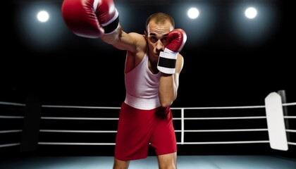 A front view of a man in a boxing stance, delivering a left hook.