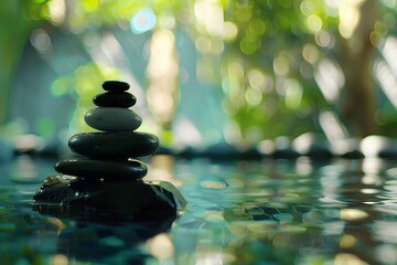 A stack of smooth Zen stones balanced over water in a lush garden setting